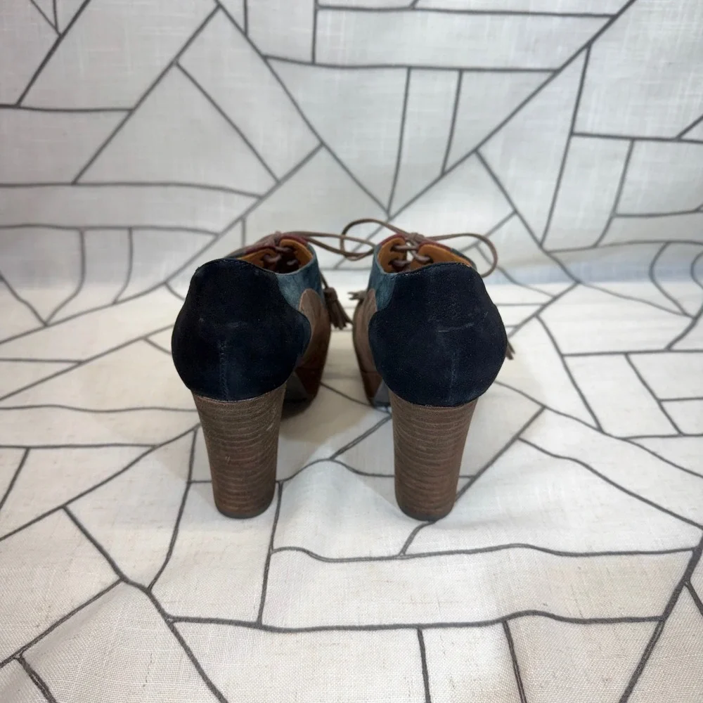 Earthies Skellig Platform Oxfords 7.5B Dark Olive Multi Suede Colorblock Tassel